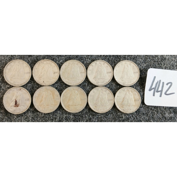 LOT OF 10 - 1950 CDN 10 CENT COINS