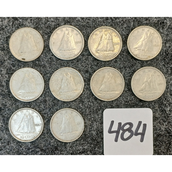 LOT OF 10 - 1947 CDN 10 CENT COINS