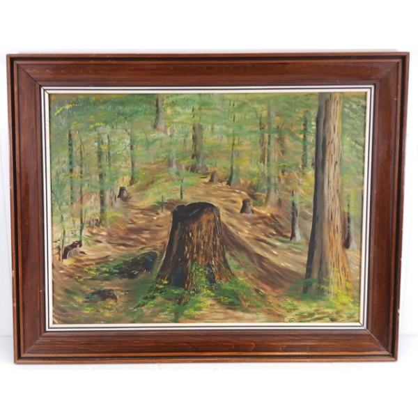TRUNK IN FOREST BY WINSTON - FRAMED OIL ON CANVAS BOARD