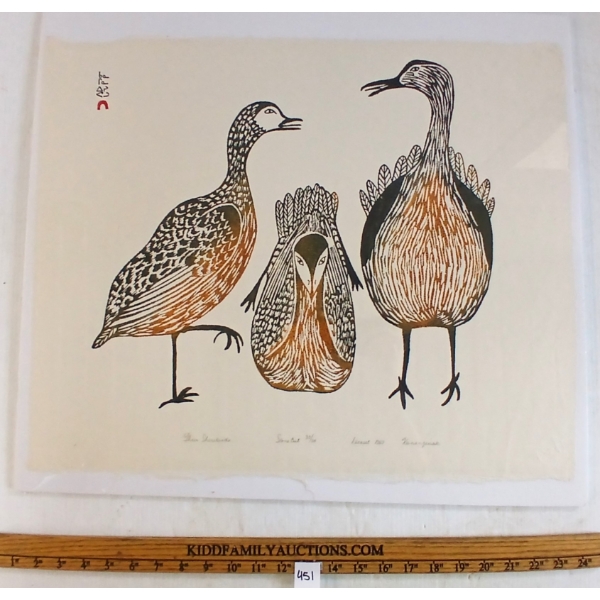 "THREE SHOREBIRDS" BY KANANGINAK POOTOOGOOK(1935 - 2010) - MOUNTED STONECUT ON BOARD