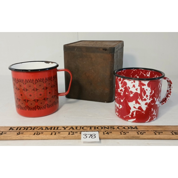 LOT OF 3 - LIPTON'S TEA TIN & ENAMELWARE MUGS - INCL FINEL