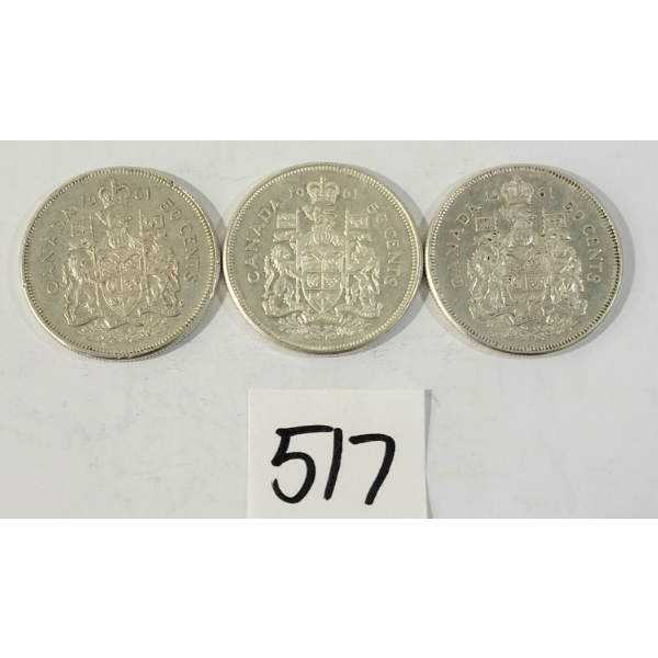LOT OF 3 - 1961 CDN 50 CENT SILVER COINS
