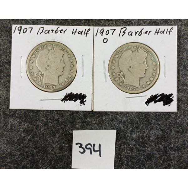 LOT OF 2 - 1907 U.S. SILVER HALF DOLLAR COINS