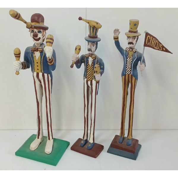 LOT OF 3 - 1989 FOLK ART UNCLE SAM CIRCUS CLOWN FIGURINES - SIGNED DUFFY