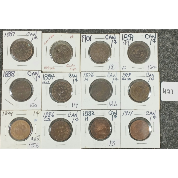LOT OF 12 - 1859-1919 CDN 1 CENT COINS
