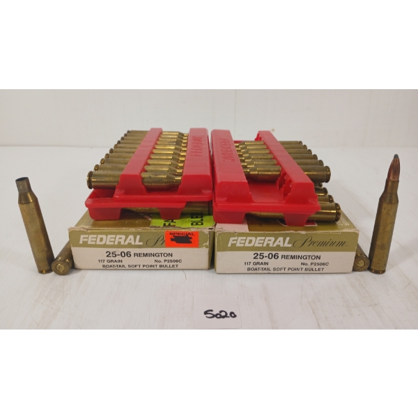 AMMO / BRASS: 38X FEDERAL HI-SHOK .25-06 REM - 117GR - SP LIVE - 2X BRASS