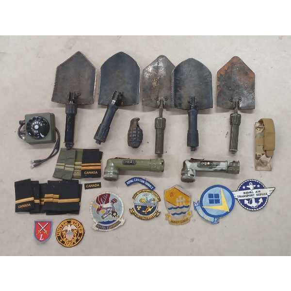 JOB LOT - TRENCH SHOVELS, PATCHES, FLASHLIGHTS, PHONE PART, ETC