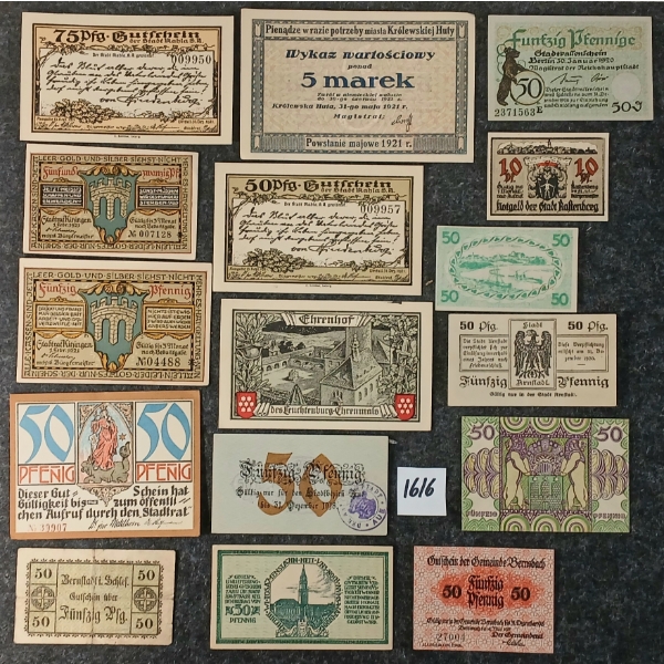 LOT OF 16 - GERMAN, AUSTRIAN & POLISH EMERGENCY MONEY BANKNOTES