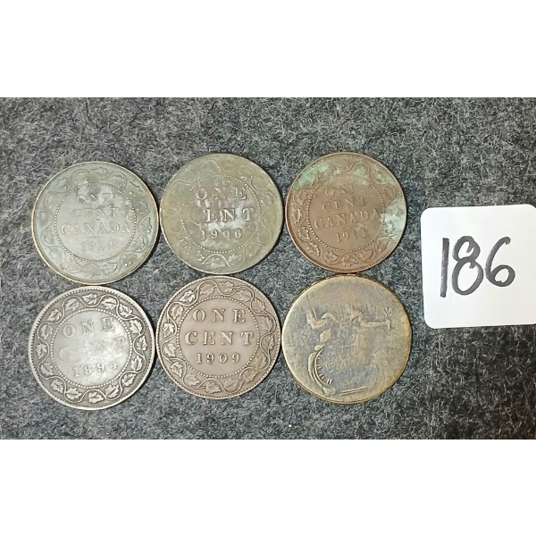 LOT OF 6 - 1835 CDN HALF PENNY & 1894, 1906, 1909 & 1914 CENTS