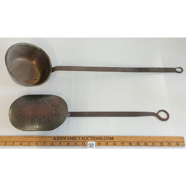 LOT OF 2 - BRASS CHESTNUT ROASTING PAN & LADDLE 