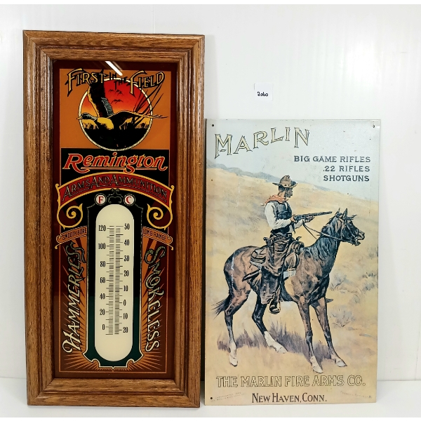 LOT OF 2 - REMINGTON GLASS THERMOMETER STYLE & MARLIN SST SIGNS 