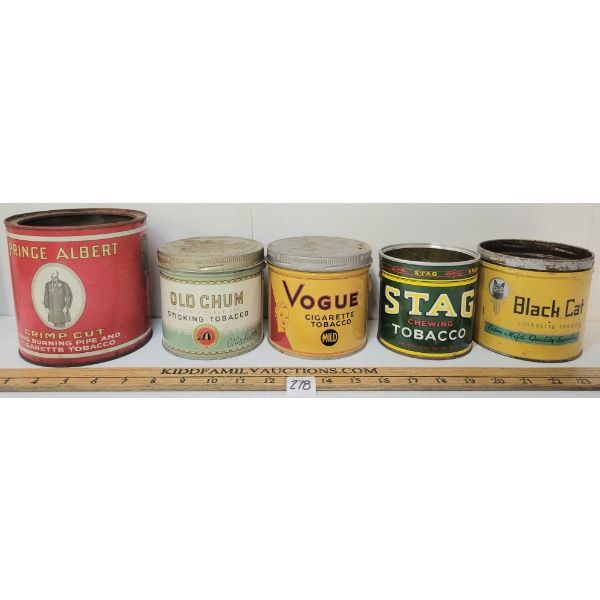 LOT OF 5 - PRINCE ALBERT, STAG, BLACK CAT, VOGUE & OLD CHUM TOBACCO TINS