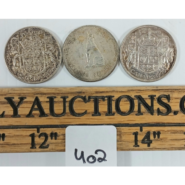 LOT OF 3 - 1946, 1952 & 1967 CDN SILVER 50 CENT COINS 