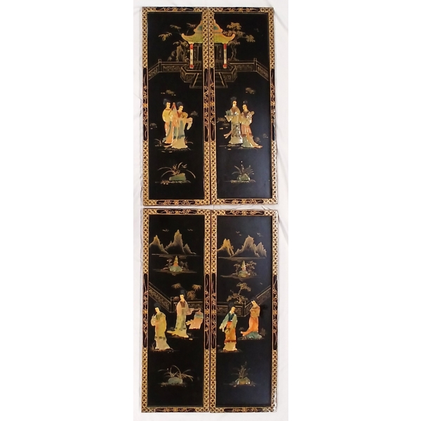 LOT OF 4 - CHINESE REAR PALACE LADIES SOAPSTONE & BLACK LACQUER WALL PANELS