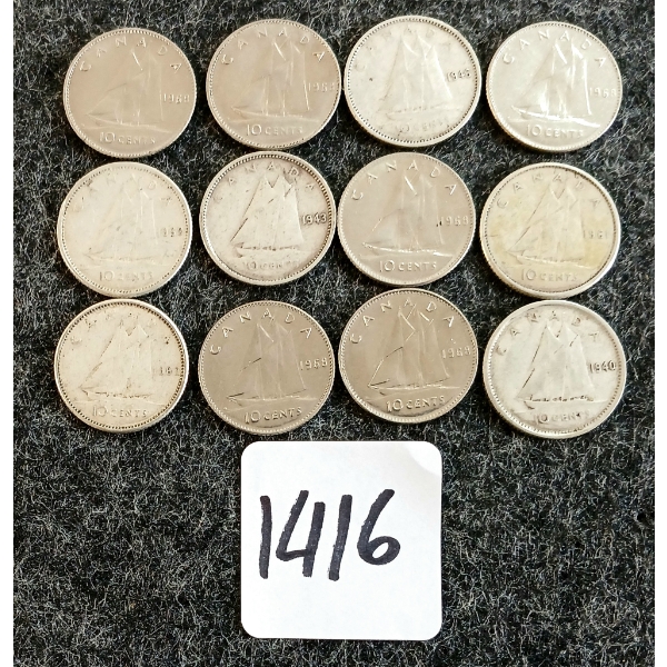 LOT OF 12 - 1940-1968 CDN 10 CENT COINS