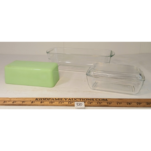 LOT OF 3 - JADEITE BUTTER DISH COVER, GLASS BUTTER DISH & PADERNO GLASS DISH
