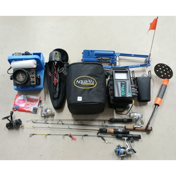 JOB LOT - ICE FISHING GEAR - INCL ICE-ARMOR MEN'S JACKET, OVERALLS, FISHING RODS, ETC - SEE ALL PICS