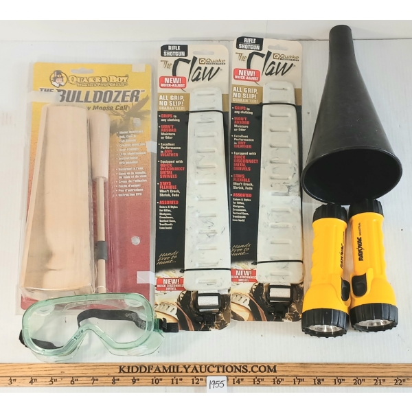 JOB LOT - ANTI-SLIP RIFLE SLINGS, QUAKER BOY MOOSE CALL, SPARK PROOF FLASHLIGHTS & SAFERTY GOGGLES
