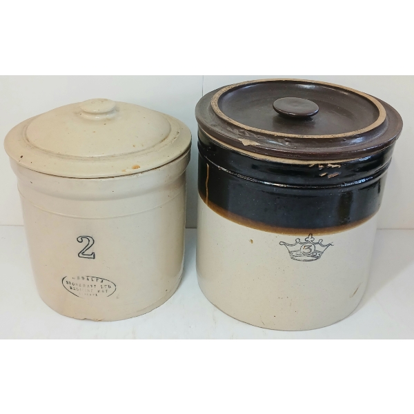 LOT OF 2 - MEDALTA & RANSBOTTOM BROS. STONEWARE CROCKS W/ LIDS - 2 & 3GAL