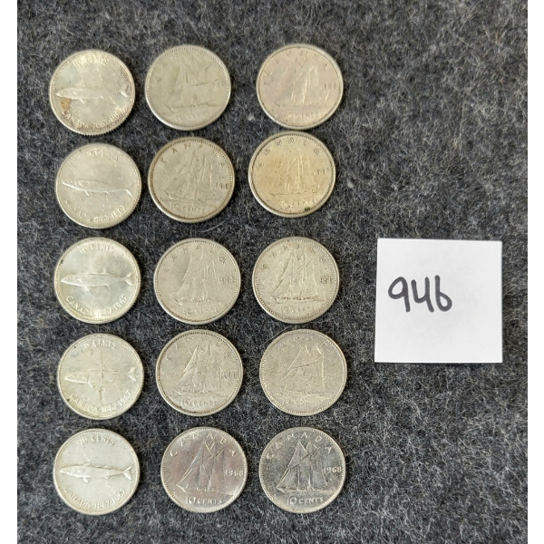 LOT OF 15 - 1959-1968 CDN SILVER DIMES