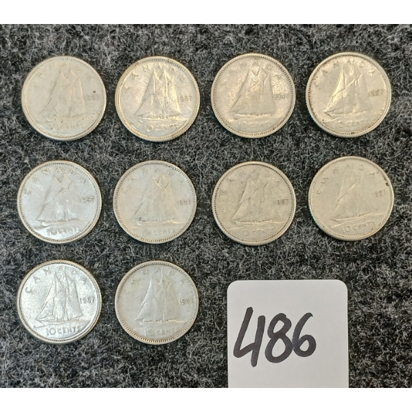 LOT OF 10 - 1947-1957 CDN 10 CENT COINS