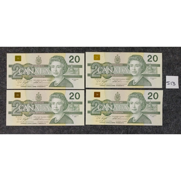 LOT OF 4 - 1991 CDN $20 BANKNOTES - SEQUENTIAL