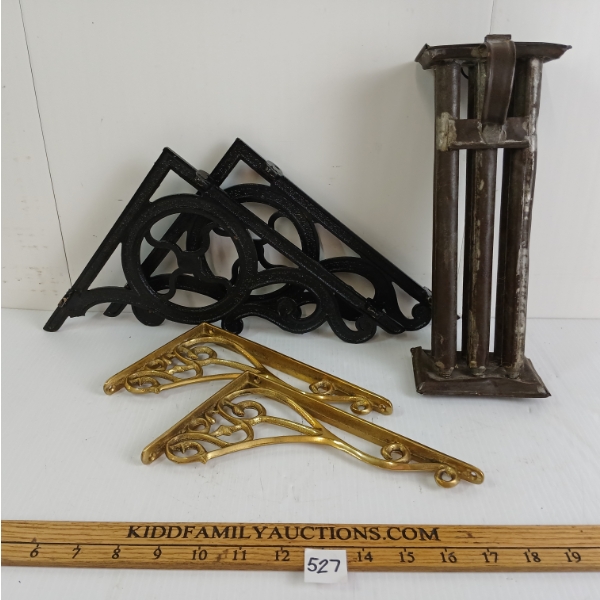 LOT OF 3 - TIN CANDLE MOLD - BRASS & WROUGHT IRON BRACKETS