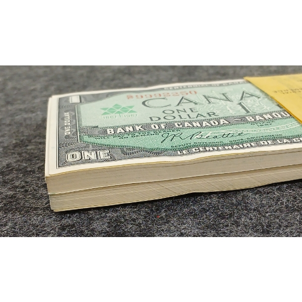 CIBC BANDED QTY OF 1967 CDN $1 BANKNOTES - 95% SEQUENTIAL 