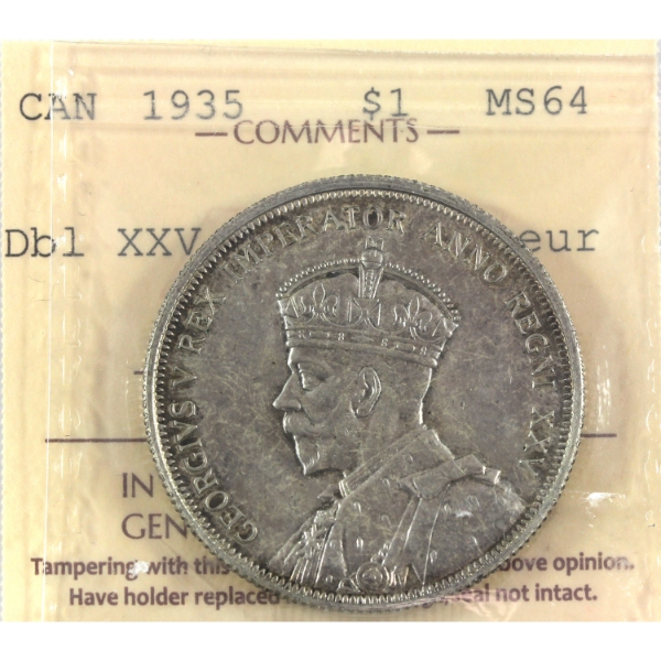 Silver $1 1935 Dbl XXV; Dbl Voyageur ICCS MS64