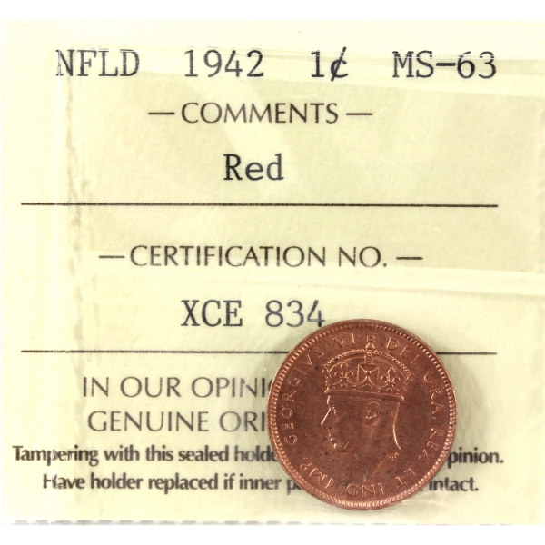 Newfoundland 1-cent 1942 ICCS MS63 Red