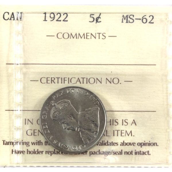 5-cent 1922 Near S ICCS MS62