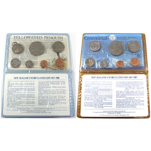 New Zealand 1987 & 1988 7-Coin Uncirculated Sets. 2pcs.