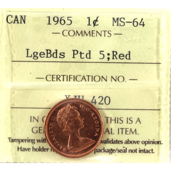 1-cent 1965 Large Beads Pointed 5 ICCS MS64 Red