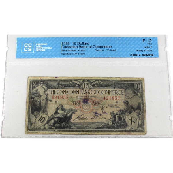 75-18-08 1935 $10 Canadian Bank of Commerce CCCS F12 Aird-Logan SN: 421957 ppB