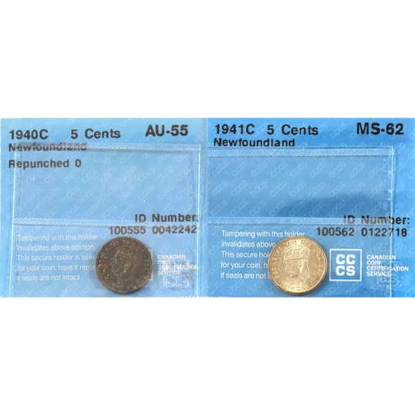 Newfoundland 5-cent 1940C Repunched 0 AU55 & 1941C MS62 CCCS. 2pcs.