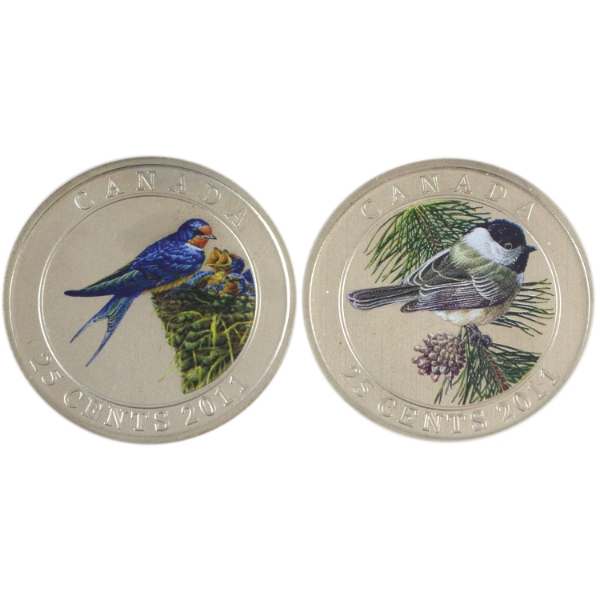 2x 25-cent 2011 Birds of Canada - Barn Swallow & Black-Capped Chickadee. 2pcs. 
