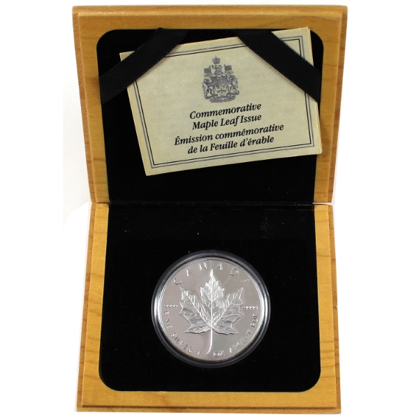 1989 $5 10th Ann. of the GML Silver Maple Leaf 1oz .9999 Fine Silver Coin in Deluxe Wooden Box