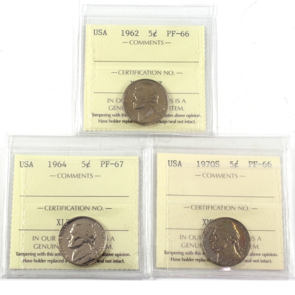 3x USA 1962 PF66, 1964 PF67, & 1970S PF66 Jefferson Nickels ICCS. 3pcs.