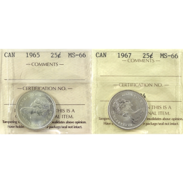 25-cent 1965 & 1967 ICCS MS66. 2pcs