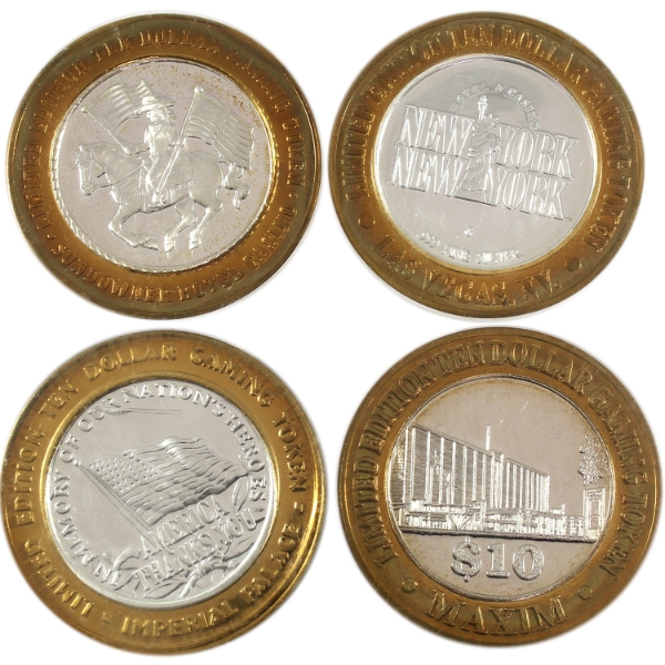 4x N.D. $10 Limited Edition .999 Fine Silver Casino Gaming Tokens. 4pcs. (Tax Exempt)