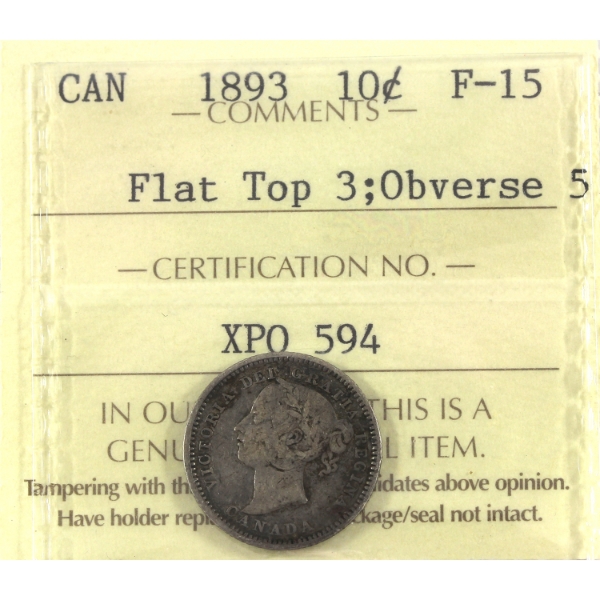 10-cent 1893 Flat Top 3, Obv 5 ICCS F15