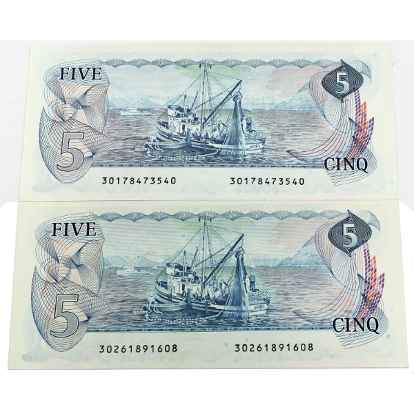 BC-53a 1979 $5 UNC Lawson-Bouey SN:30178473540 & 30261891608. 2pcs.
