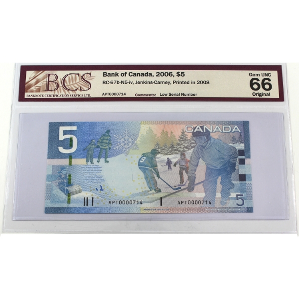 BC-67b-N5-iv 2006 $5 Low Serial # BCS GEM UNC66 Original Jenkins-Carney, Printed in 2008 