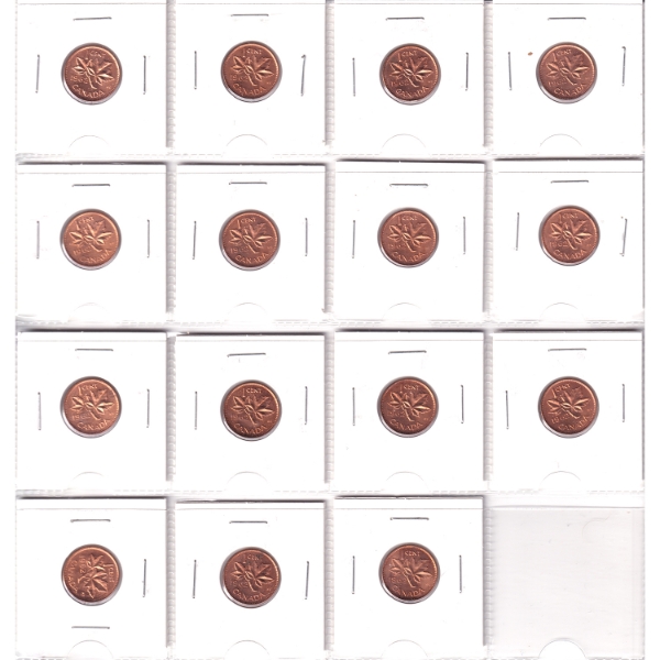 Group Lot of 15x 1962 1-cent with Double and Triple Hanging 2 Varieties in Plastic Page. 15pcs