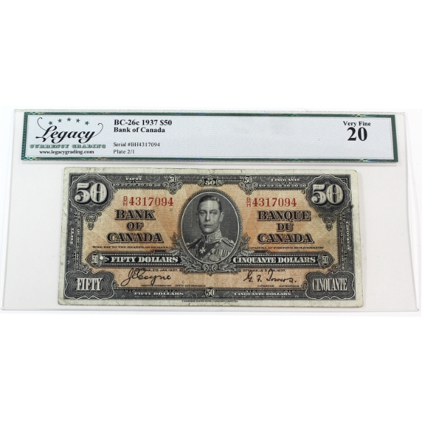 BC-26c 1937 $50 Legacy VF20 Coyne-Towers SN: BH4317094
