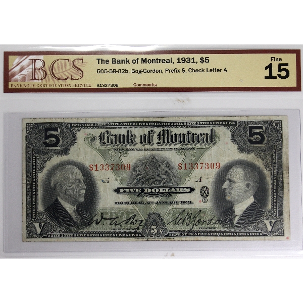 505-58-02b 1931 $5 Bank of Montreal BCS F15 Bog-Gordon SN: S1337309-A