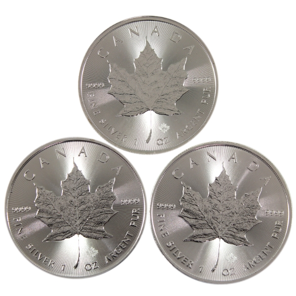 3x 1oz 2022-2024 $5 Silver Maple Leaf .9999 Fine Silver Rounds. 3pcs. (Tax Exempt)