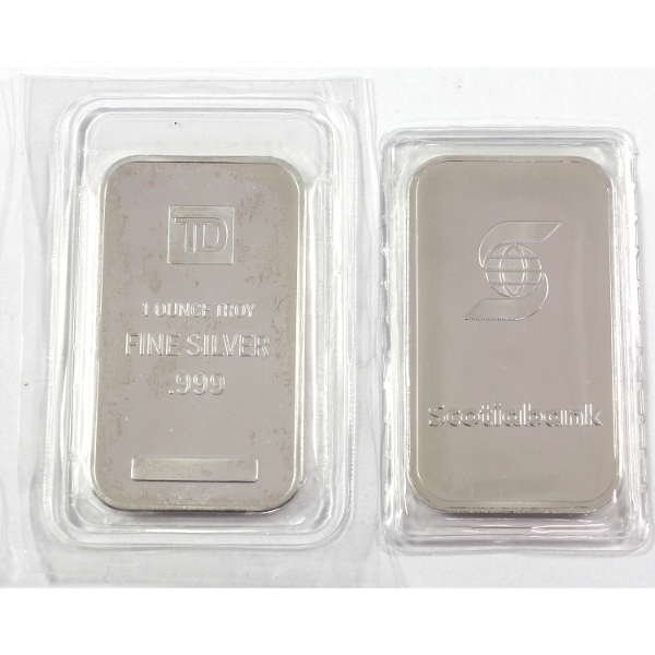2x 1oz TD Bank & Scotiabank .999 Fine Silver Bars. 2pcs. (Tax Exempt)