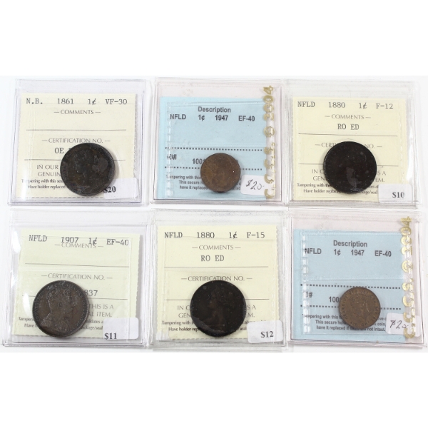 New Brunswick & Newfoundland 1-cent 1861-1947 ICCS/CCCS F12 to EF40. 6pcs.