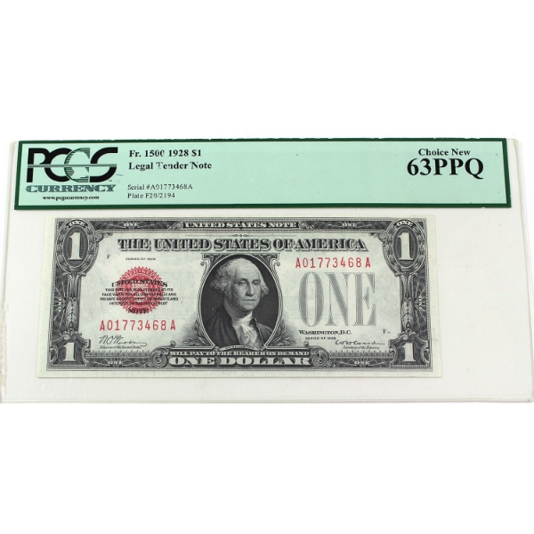 USA 1928 FR-1500 $1 PCGS CUNC63 PPQ Woods-Woodin SN: A01773468A